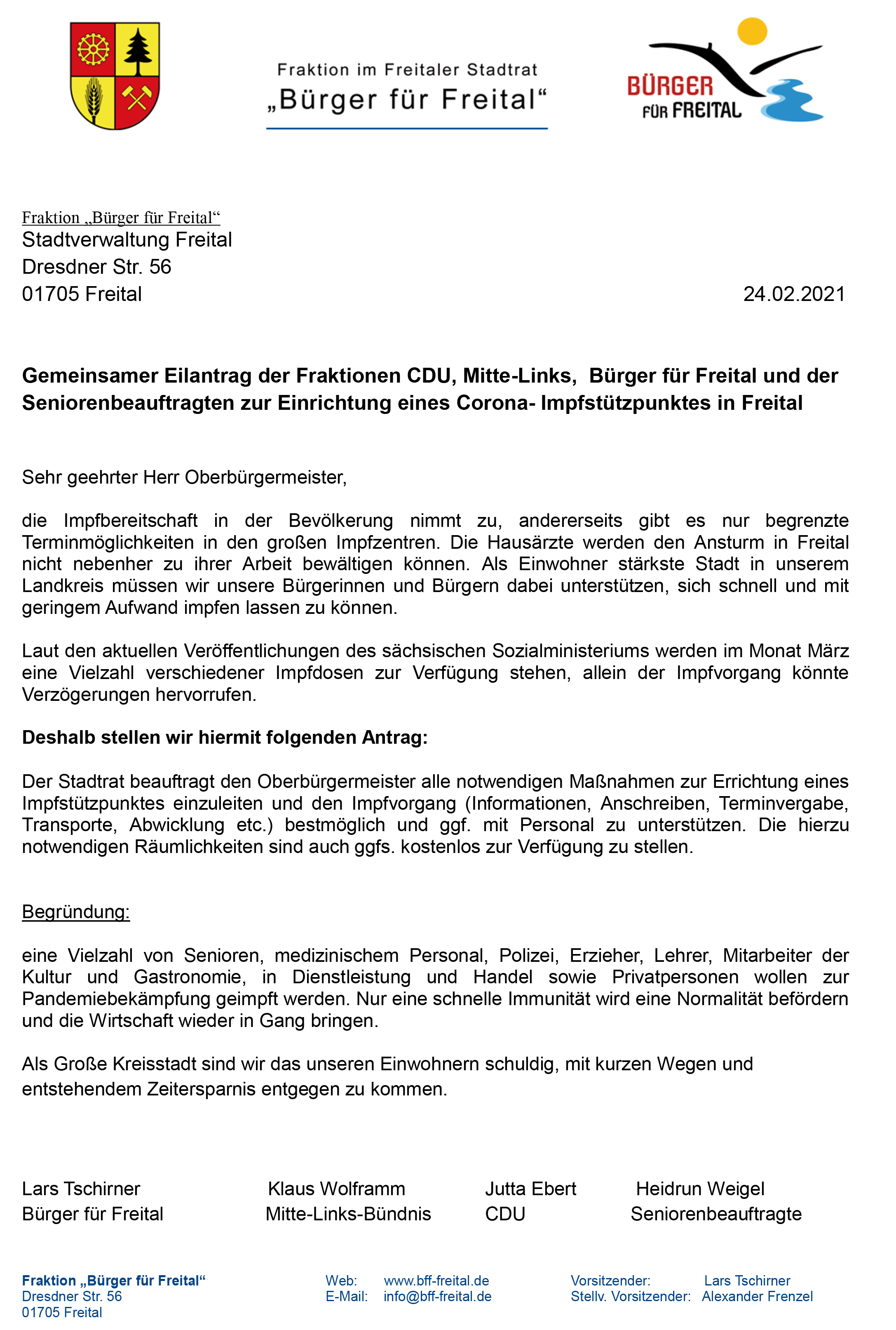 gemeinsamer Antrag zur Errichtung eines Impfstützpunktes in Freital